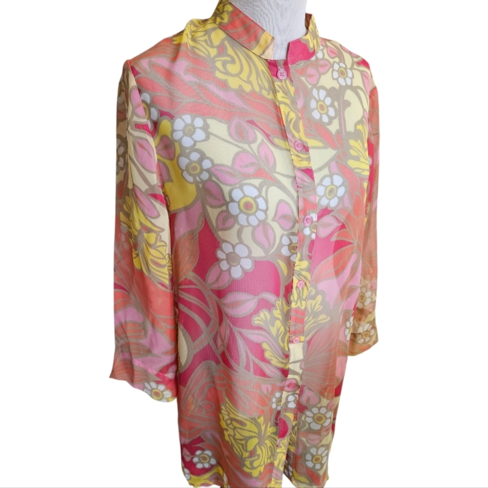 Liz Baker Sheer Floral Button-Up Blouse Size Large